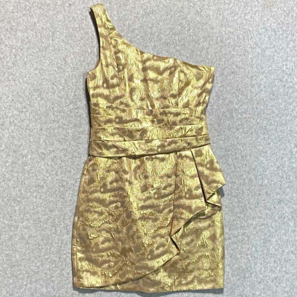 Vtg 2000s Gold Metallic Jacquard One Shoulder Dress Small S Y2K Glam Party NYE
